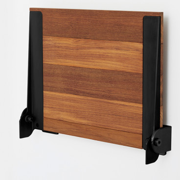 folded up teak wood shower seat  with black frame