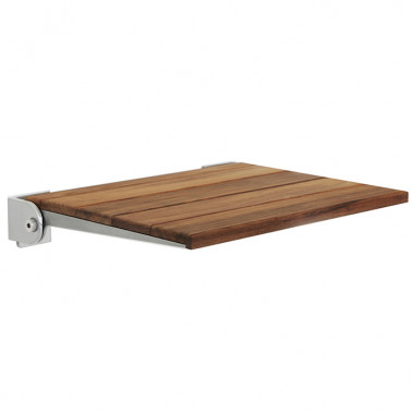 wall mounted teak wood folding shower seat with silver slim frame 19 x 15 inches