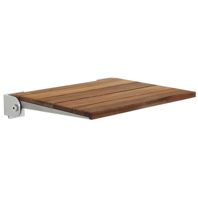wall mounted teak wood folding shower seat with silver slim frame 18 x 15 inches