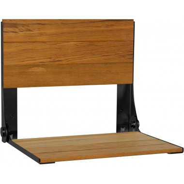 18.75 x 15.25 inch folding shower bench seat, natural teak wood slats, matte black frame, removable back, no legs