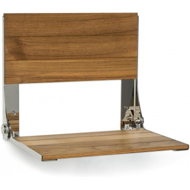 18.75 x 15.25 inch folding shower bench seat, natural teak wood slats, polished frame, removable back, no legs 18.75 x 15.25 inch folding shower bench seat, natural teak wood slats, polished frame, removable back, no legs