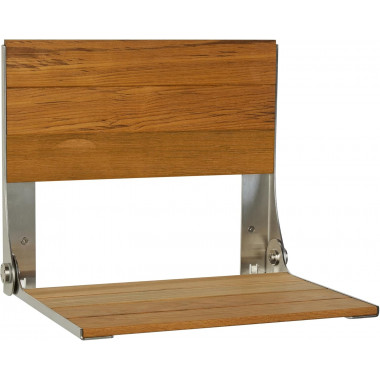 18.75 x 15.25 inch folding shower bench seat, natural teak wood slats, satin frame, removable back, no legs 18.75 x 15.25 inch folding shower bench seat, natural teak wood slats, satin frame, removable back, no legs