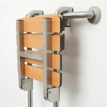 removable shower seat folded up hung on grab bar