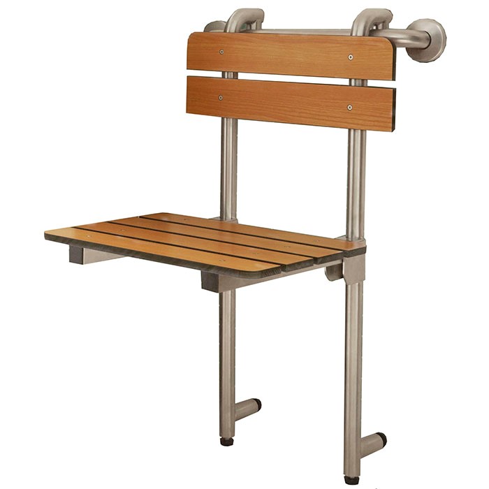 18 In X 16in Grab Bar Hung Shower Bench With Backrest Phenolic Slatted Teak Removable Seat