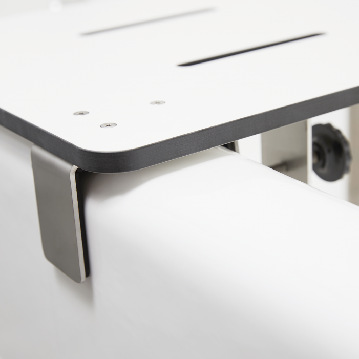 Residential Portable Tub Seat, Solid Phenolic WHITE clamped to tub