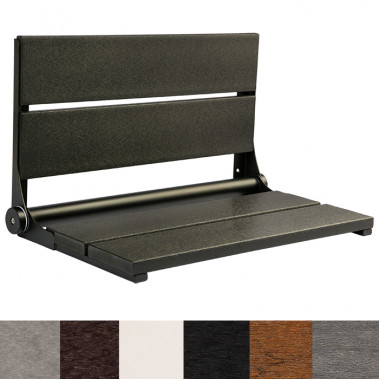 fold up shower seat matte black frame, 26 inches wide, gray HDPE slats fold up shower seat matte black frame, 26 inches wide, gray HDPE slats