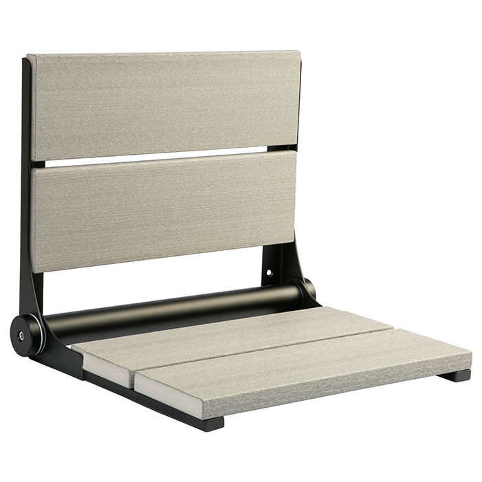 driftwood shower seat with black frame