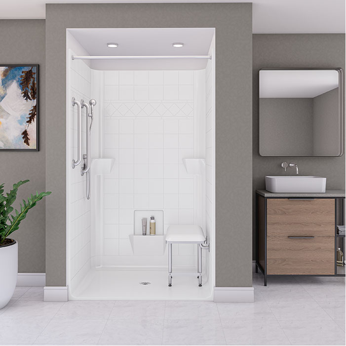 one piece shower stall in a bathroom 
