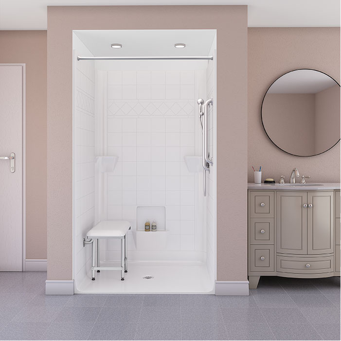 one piece accessible shower in a bathroom