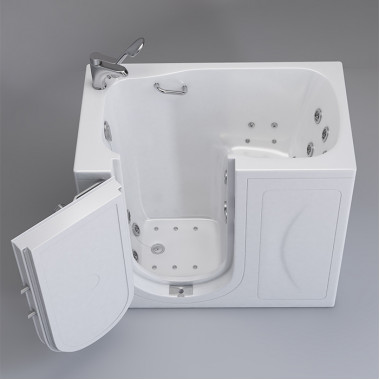  White walk in tub 26 x 45 with Hydro Therapy Jets, U Shaped Door, Left drain, image on grey background.