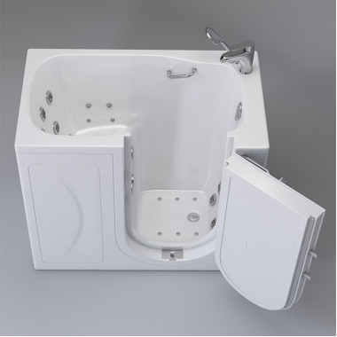 White walk in tub 26 x 45 with Hydro Therapy Jets, U Shaped Door, Right drain, image on grey background.