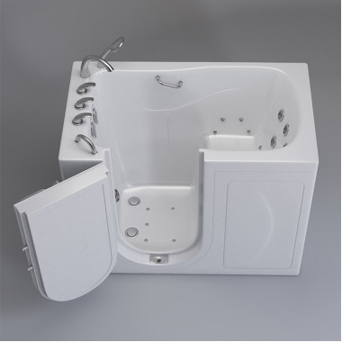  White walk in tub 30 x 52 with Hydro Jets, U shaped door, Left drain, image on grey background.