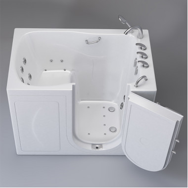  White walk in tub 32 x 52 with Hydro Jets, U shaped door, Right drain, image on grey background.