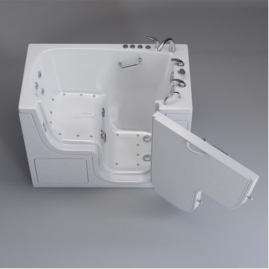 Walk in bathtub and shower 30 x 52 with Hydro Jets, Right drain.  Walk in Transfer Tub 30 x 52 with Hydro Jets, Right drain, image on grey background.