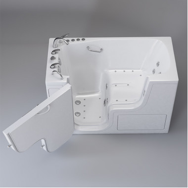 Large walk in bathtub shower combo 30 x 60 with Hydro Jets, Left drain.  Walk in Transfer Tub 30 x 60 with Hydro Jets, Left drain, image on grey background.