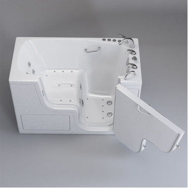 Large walk in bathtub shower combo 30 x 60 with Hydro Jets, Right drain. Walk in Transfer Tub 30 x 60 with Hydro Jets, Right drain, image on grey background.
