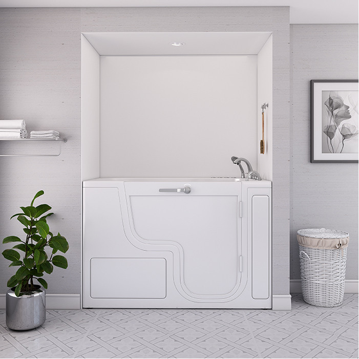60 by 30 walk in tub and shower combo in light grey bathroom with decor