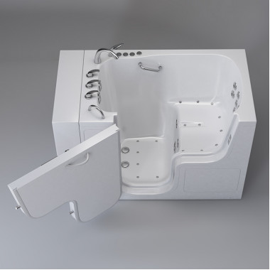 Walk in bathtub with shower 32 x 52 with Hydro Jets, Left drain.  Walk in Transfer Tub 32 x 52 with Hydro Jets, Left drain, image on grey background.