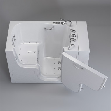 Walk in bathtub with shower 32 x 52 with Hydro Jets, Right drain.  Walk in Transfer Tub 32 x 52 with Hydro Jets, Right drain, image on grey background.