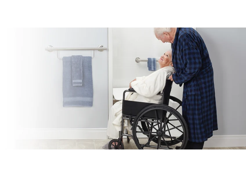 Wheelchair user approaching an ADA transfer shower