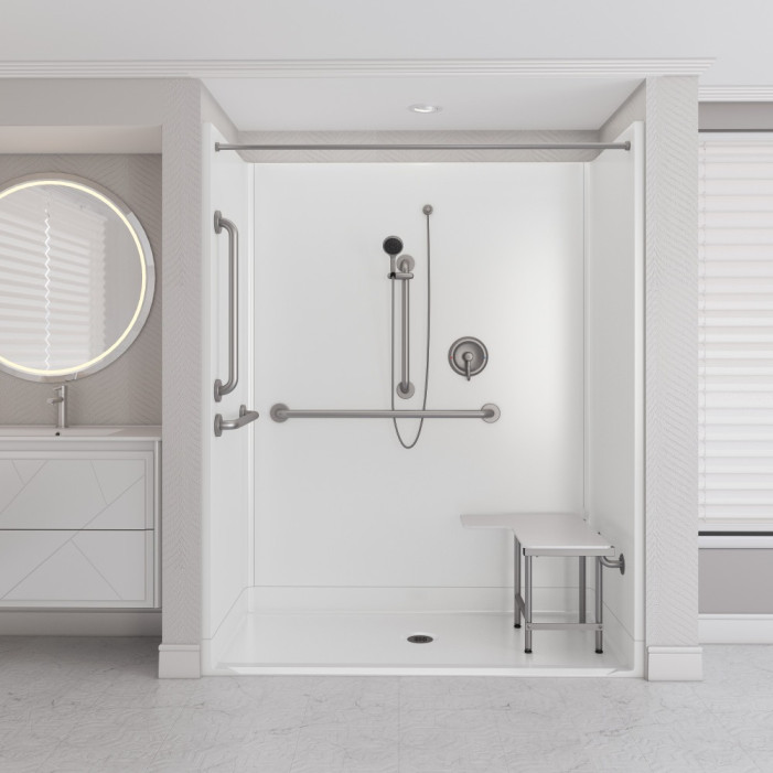 Title 24 Roll In Shower 63x32 1/2 inches with accessories lifestyle