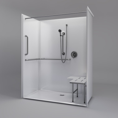 ADA Title 24 Roll In Shower  63" x 39" shown with grab bars and seat