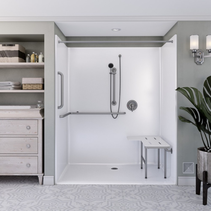 ADA Title 24 Roll In Shower  63" x 39" shown with accessories lifestyle