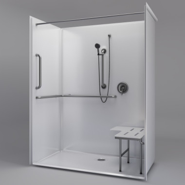 ADA Title 24 Roll In Shower  63" x 39" shown with grab bars and seat
