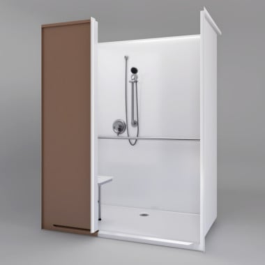 Alternative shower 63" x 39" with left return wall show with grab bars and seat