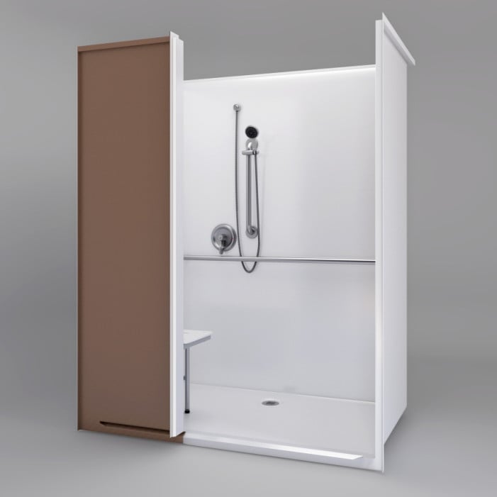 Alternative shower 63" x 39" with left return shown with grab bars and seat