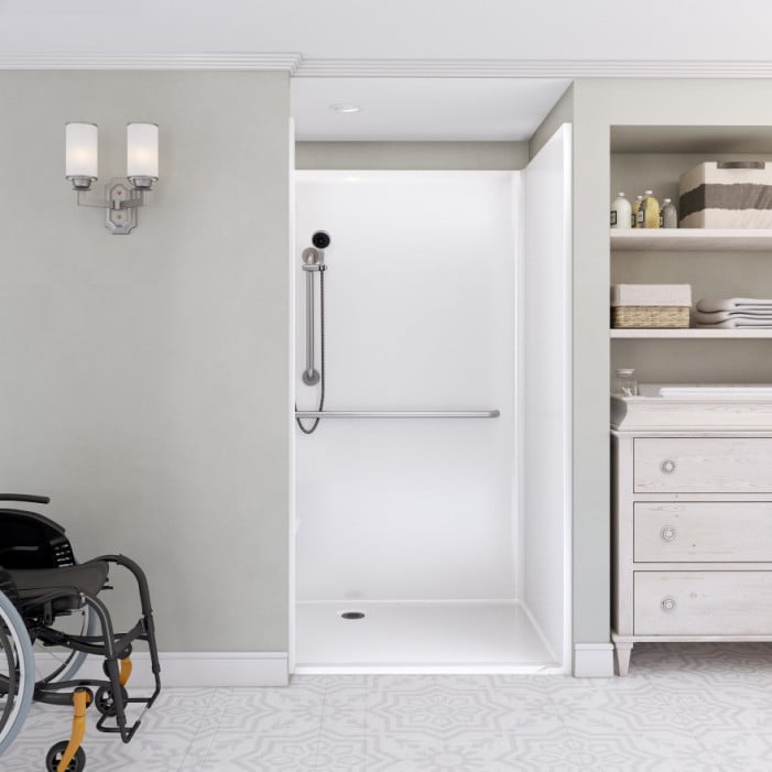 Alternative shower 63" x 39" with left return shown with grab bars and seat in room set