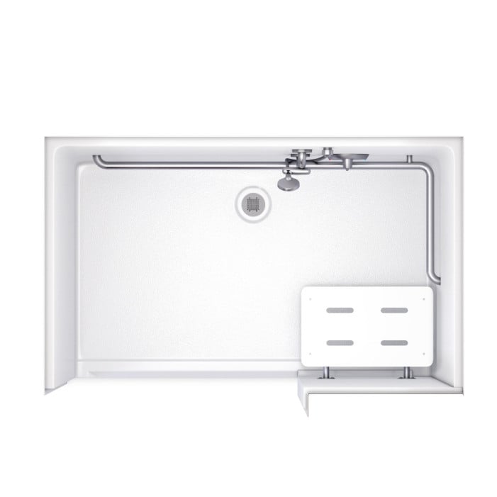 Alternative Roll-in Shower 63" x 39" with right return flange shown with accessories in a top view