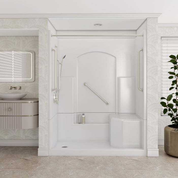 Freedom Walk in Shower Kit, 60" x 32", Left Seat, Curtain Rod, Satin Stainless, Lifestyle