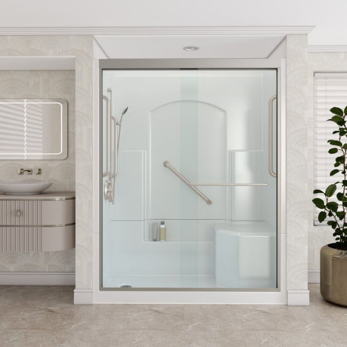 Freedom Walk in Shower Kit, 60" x 36", Right Seat, Shower Door, Satin Stainless, Lifestyle