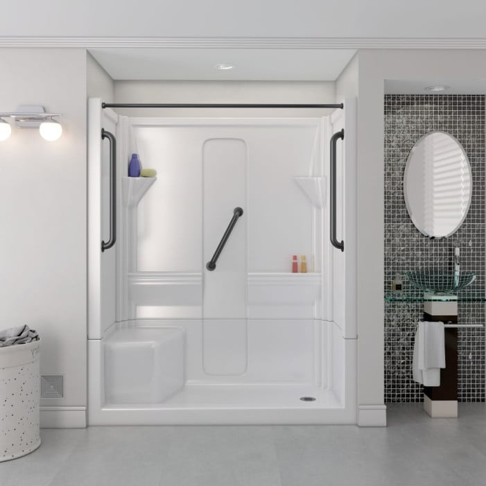 Freedom Walk in Shower Kit, 60" x 30", Left Seat, Curtain Rod, Matte Black, Lifestyle