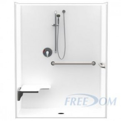62 by 32 inch white ADA Roll In Shower Unit, 1 piece, roll in curb, center drain, ID 60 x 30 inch