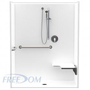 62 by 32 inch white  ADA Shower Stall, 1 piece, roll in curb, handed by right seat, ID 60 x 30 inch