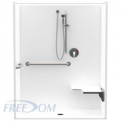 62 by 32 inch white  ADA Shower Stall, 1 piece, roll in curb, handed by right seat, ID 60 x 30 inch