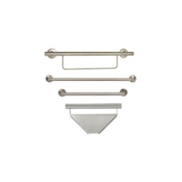 Two grabs bars next to a soap dish and towel rack grab bar