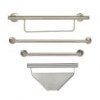Two grabs bars next to a soap dish and towel rack grab bar