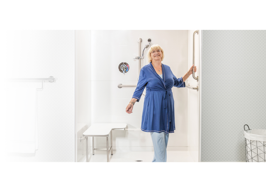 Senior in an ADA Shower in a compliant bathroom