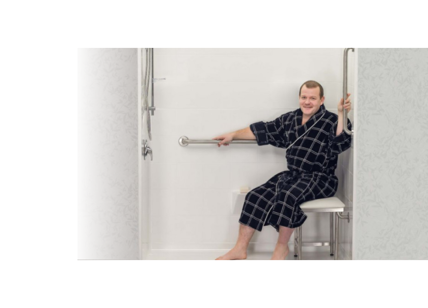 man sitting in shower bench seat with folding legs