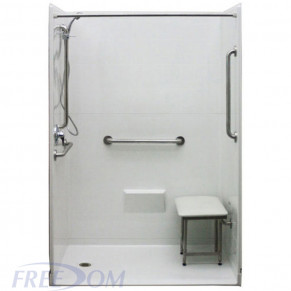 54 by 31 inch barrier free showers, white, for mobile homes, 1 inch threshold, added shower seat.