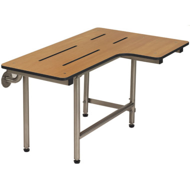 ADA shower seat L shaped phenolic teak reversible top stainless legs