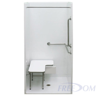 38 by 38 inch white Accessible Shower Enclosure, half inch threshold, center drain, 4 piece for remodeling