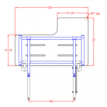 32" x 22½" ADA Reversible Shower Seat with legs, Phenolic Solid TEAK