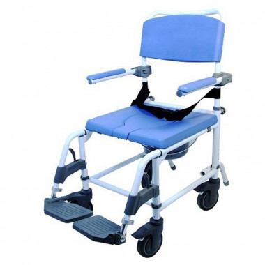 18 inch wide Rolling Shower Wheelchair with commode seat with 4 casters, blue padded seat