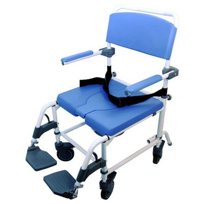 22 inch wide Roll In Shower Chair with commode seat has 4 lockable casters, blue padded seat