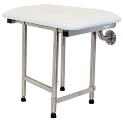 22 x 16 inch Folding Shower Bench with legs, white padded top, stainless steel frame
