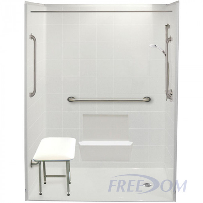 60x31 Handicapped Accessible Shower, 1 Roll-In Threshold, Right Drain, Reinforced Walls, 30-Year Warranty, Replace Your Bathtub